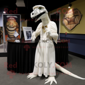 White Velociraptor mascot costume character dressed with a Empire Waist Dress and Headbands