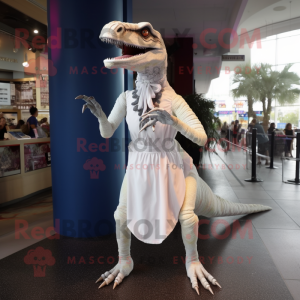 White Velociraptor mascot costume character dressed with a Empire Waist Dress and Headbands