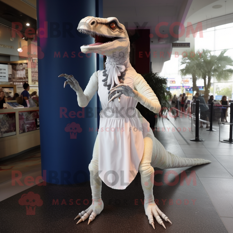 White Velociraptor mascot costume character dressed with a Empire Waist Dress and Headbands White Velociraptor mascot costume character dressed with a Empire Waist Dress and Headbands
