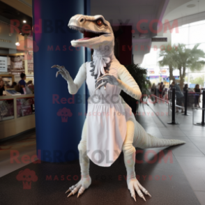White Velociraptor mascot costume character dressed with a Empire Waist Dress and Headbands