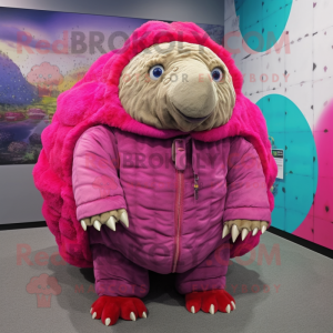 Magenta Glyptodon mascot costume character dressed with a Coat and Hair clips