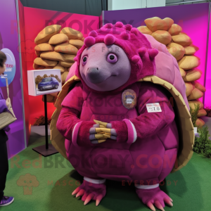 Magenta Glyptodon mascot costume character dressed with a Coat and Hair clips