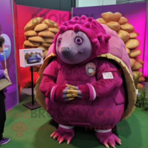 Magenta Glyptodon mascot costume character dressed with a Coat and Hair clips