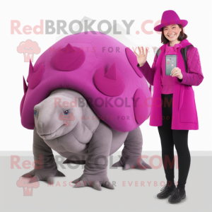 Magenta Glyptodon mascot costume character dressed with a Coat and Hair clips