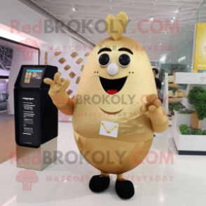 Gold Potato mascot costume character dressed with a Sheath Dress and Smartwatches