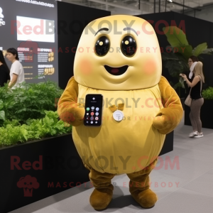 Gold Potato mascot costume character dressed with a Sheath Dress and Smartwatches