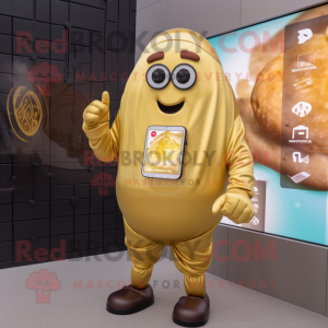 Gold Potato mascot costume character dressed with a Sheath Dress and Smartwatches