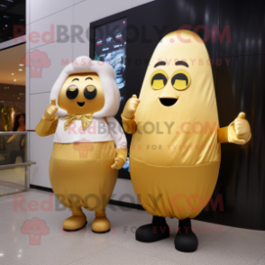 Gold Potato mascot costume character dressed with a Sheath Dress and Smartwatches