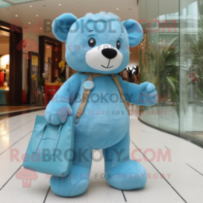 Cyan Teddy Bear mascot costume character dressed with a Skinny Jeans and Tote bags