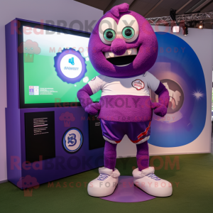 Purple Soccer Ball mascot costume character dressed with a Board Shorts and Digital watches