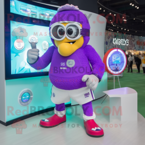 Purple Soccer Ball mascot costume character dressed with a Board Shorts and Digital watches