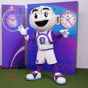 Purple Soccer Ball mascot costume character dressed with a Board Shorts and Digital watches