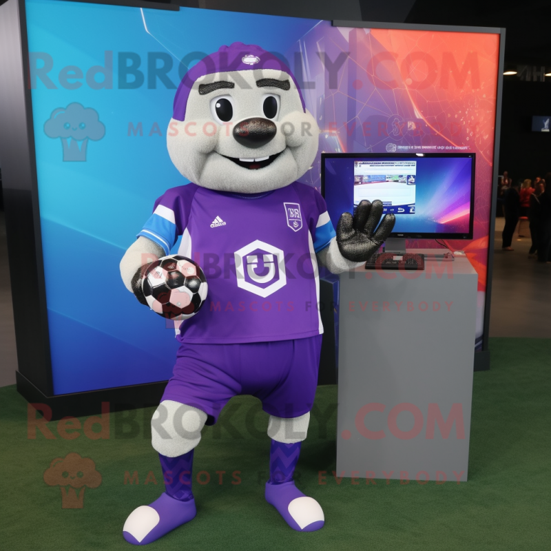 Purple Soccer Ball mascot costume character dressed with a Board Shorts and Digital watches