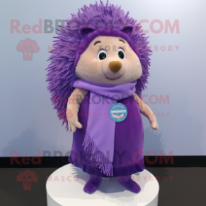 Purple Hedgehog mascot costume character dressed with a Mini Dress and Scarf clips