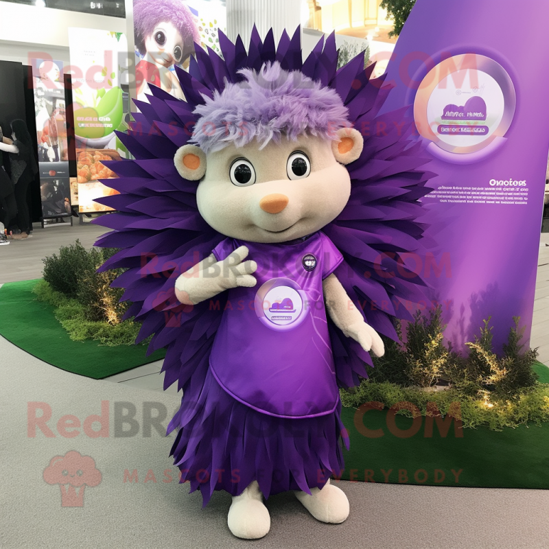 Purple Hedgehog mascot costume character dressed with a Mini Dress and Scarf clips