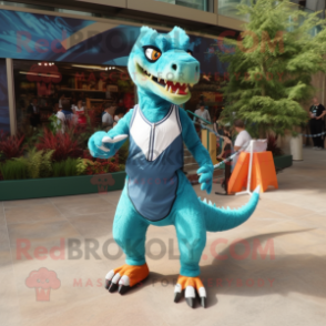 Turquoise Utahraptor mascot costume character dressed with a Tank Top and Foot pads