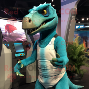 Turquoise Utahraptor mascot costume character dressed with a Tank Top and Foot pads