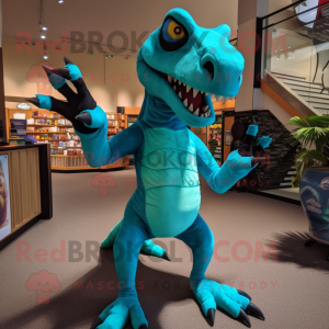 Turquoise Utahraptor mascot costume character dressed with a Tank Top and Foot pads