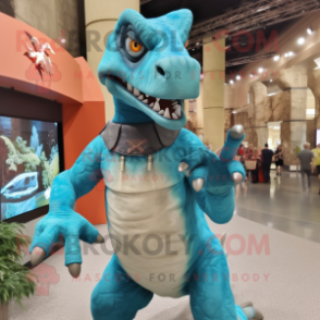 Turquoise Utahraptor mascot costume character dressed with a Tank Top and Foot pads