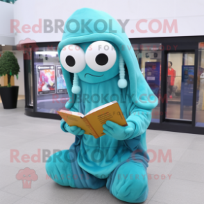 Cyan Fried Calamari mascot costume character dressed with a Hoodie and Reading glasses