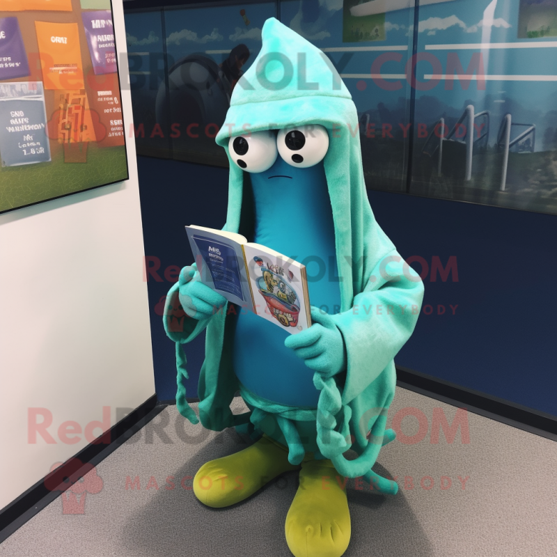 Cyan Fried Calamari mascot costume character dressed with a Hoodie and Reading glasses