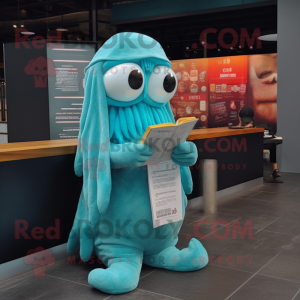 Cyan Fried Calamari mascot costume character dressed with a Hoodie and Reading glasses