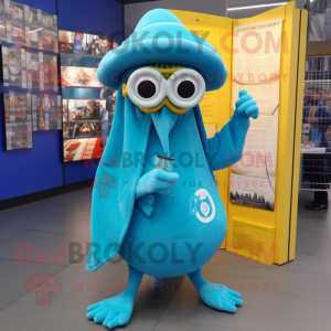 Cyan Fried Calamari mascot costume character dressed with a Hoodie and Reading glasses