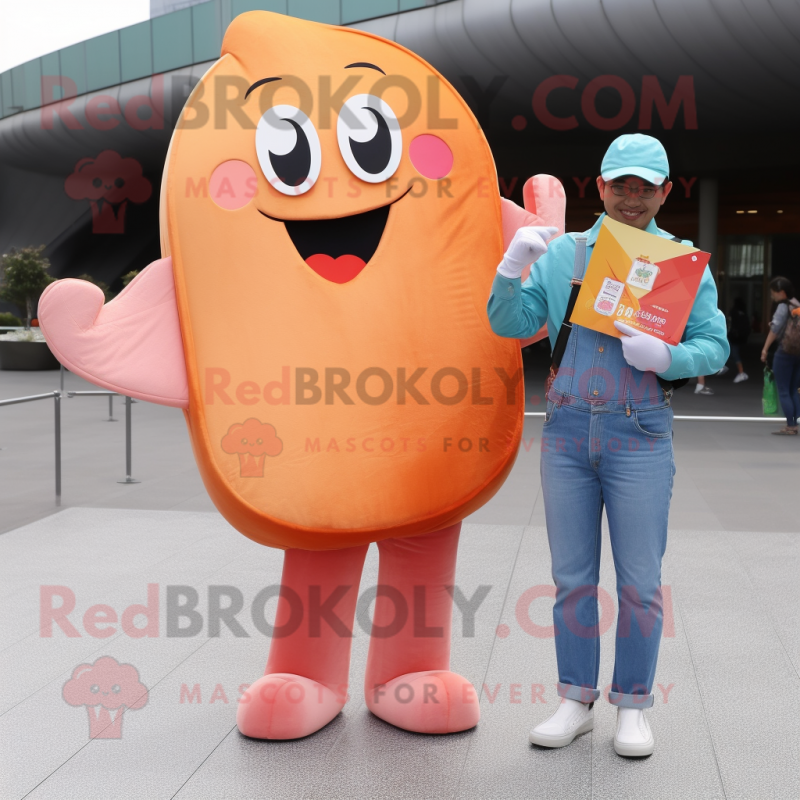 Peach Chocolates mascot costume character dressed with a Boyfriend Jeans and Wallets Peach Chocolates mascot costume character dressed with a Boyfriend Jeans and Wallets