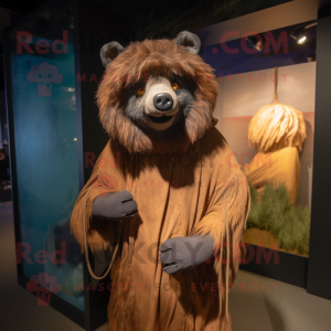 Rust Sloth Bear mascot costume character dressed with a Hoodie and Hairpins