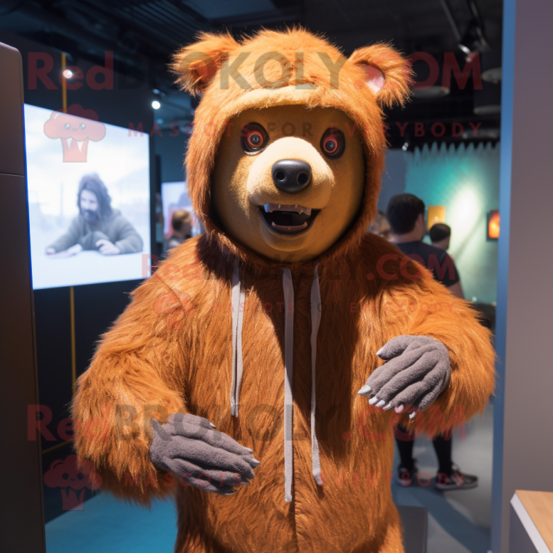 Rust Sloth Bear mascot costume character dressed with a Hoodie and Hairpins