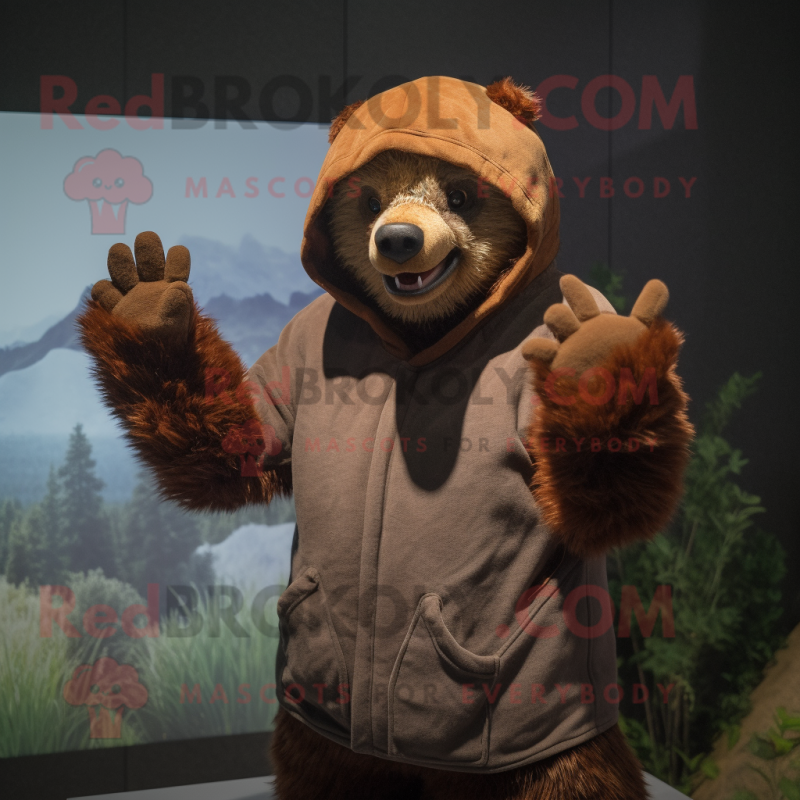 Rust Sloth Bear mascot costume character dressed with a Hoodie and Hairpins