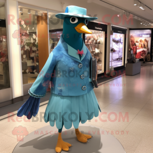 Cyan Passenger Pigeon mascot costume character dressed with a Mini Dress and Hats