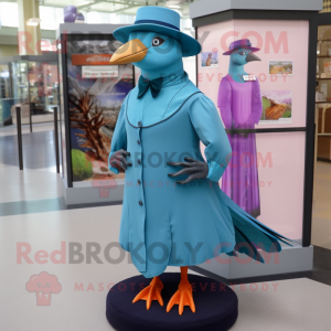 Cyan Passenger Pigeon mascot costume character dressed with a Mini Dress and Hats