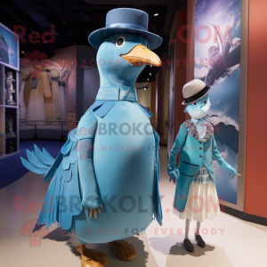Cyan Passenger Pigeon mascot costume character dressed with a Mini Dress and Hats