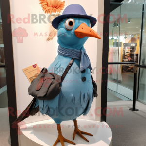 Cyan Passenger Pigeon mascot costume character dressed with a Mini Dress and Hats