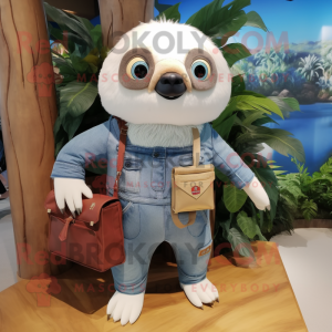 White Sloth mascot costume character dressed with a Denim Shorts and Handbags