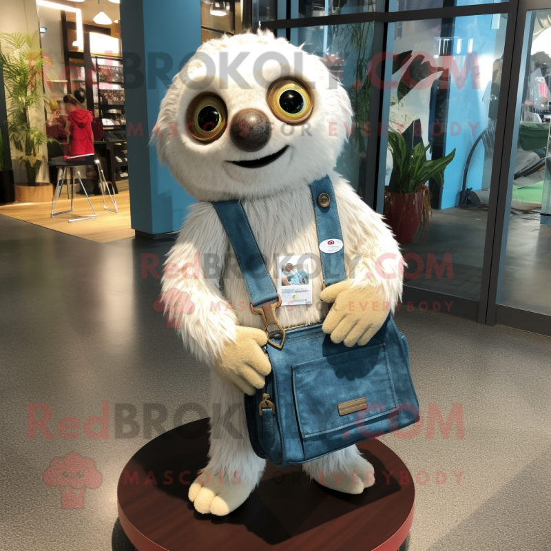 White Sloth mascot costume character dressed with a Denim Shorts and Handbags