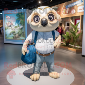 White Sloth mascot costume character dressed with a Denim Shorts and Handbags