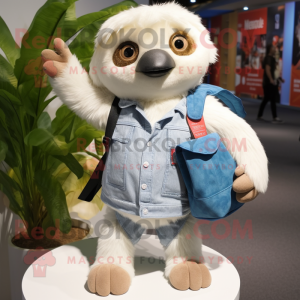 White Sloth mascot costume character dressed with a Denim Shorts and Handbags
