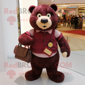 Maroon Bear mascot costume character dressed with a Blouse and Handbags
