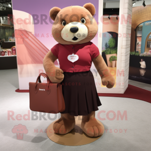 Maroon Bear mascot costume character dressed with a Blouse and Handbags