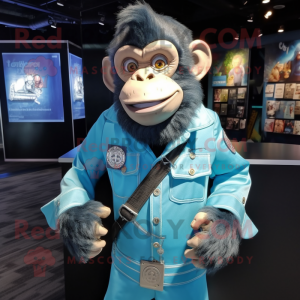 Cyan Chimpanzee mascot costume character dressed with a Jacket and Lapel pins