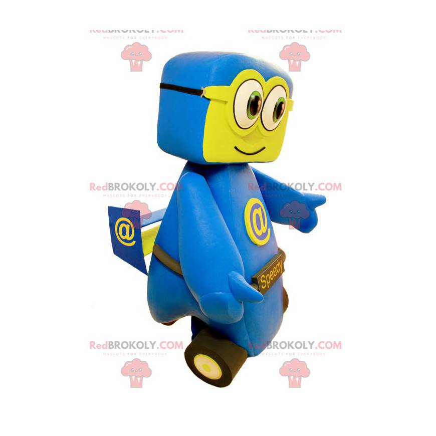 Blauwe en gele auto-mascotte. Snelle mascotte - Redbrokoly.com