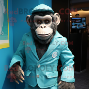 Cyan Chimpanzee mascot costume character dressed with a Jacket and Lapel pins