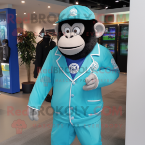 Cyan Chimpanzee mascot costume character dressed with a Jacket and Lapel pins