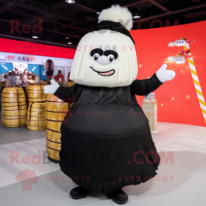 Black Dim Sum mascot costume character dressed with a Maxi Skirt and Backpacks