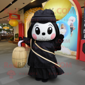 Black Dim Sum mascot costume character dressed with a Maxi Skirt and Backpacks