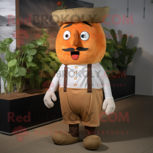 Rust Turnip mascot costume character dressed with a Oxford Shirt and Suspenders