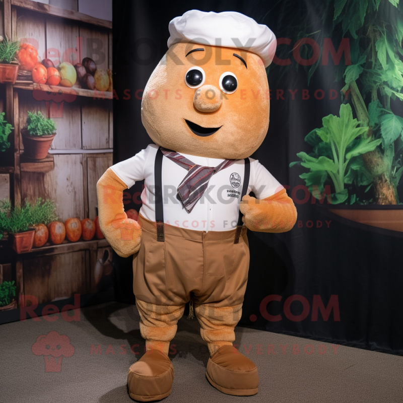 Rust Turnip mascot costume character dressed with a Oxford Shirt and Suspenders Rust Turnip mascot costume character dressed with a Oxford Shirt and Suspenders
