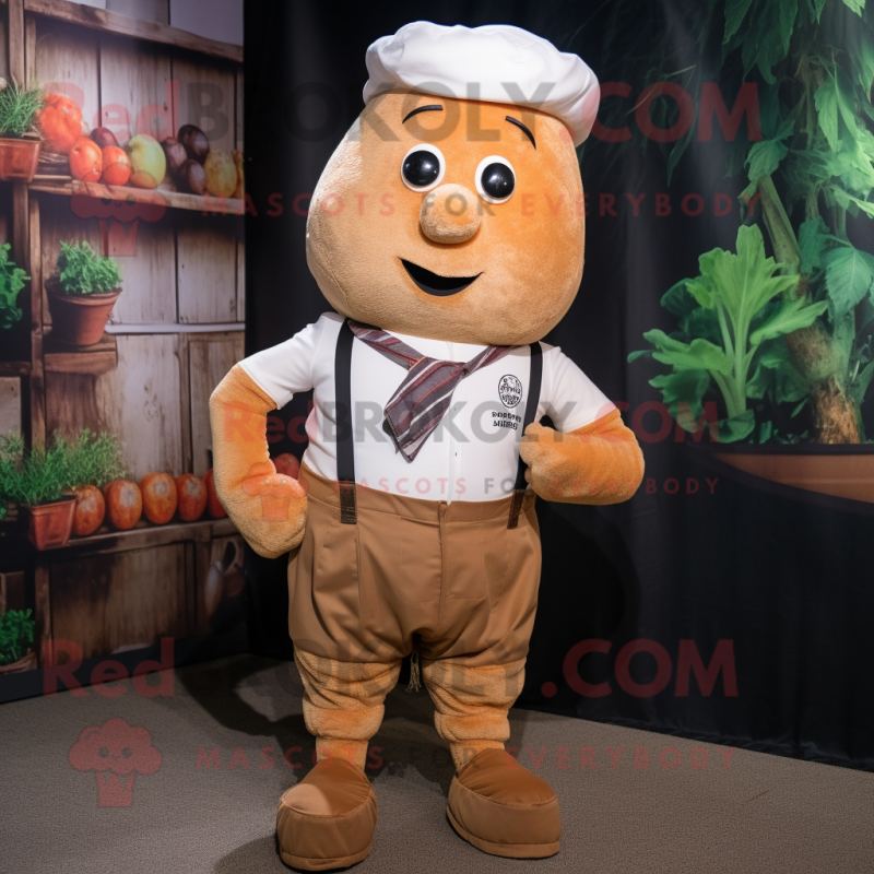 Rust Turnip mascot costume character dressed with a Oxford Shirt and Suspenders